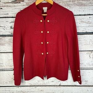 Chico’s Petite Military-Style Sweater Jacket Medium Petite Red Gold Tone Buttons